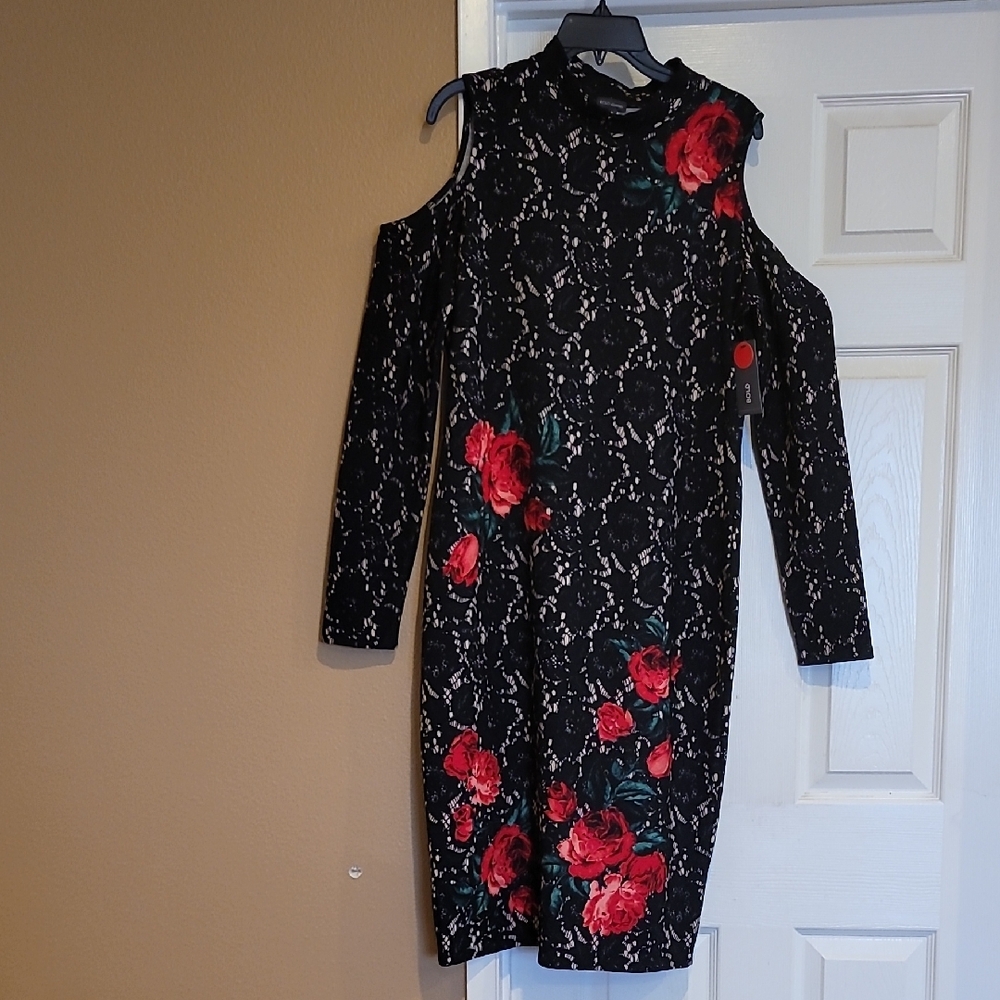 Floral Cold Shoulder Dress - Black and Red